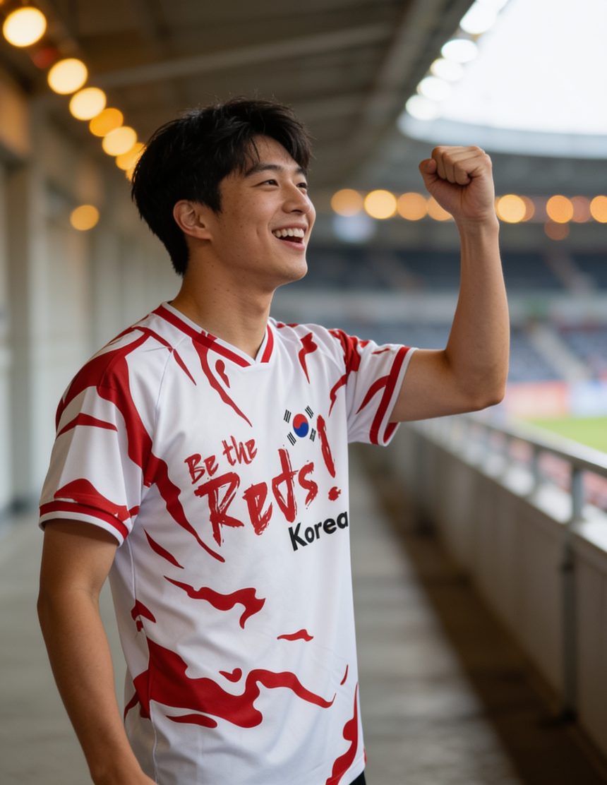 Korean man wearing the Be the Reds Korea jersey, cheering at the stadium
