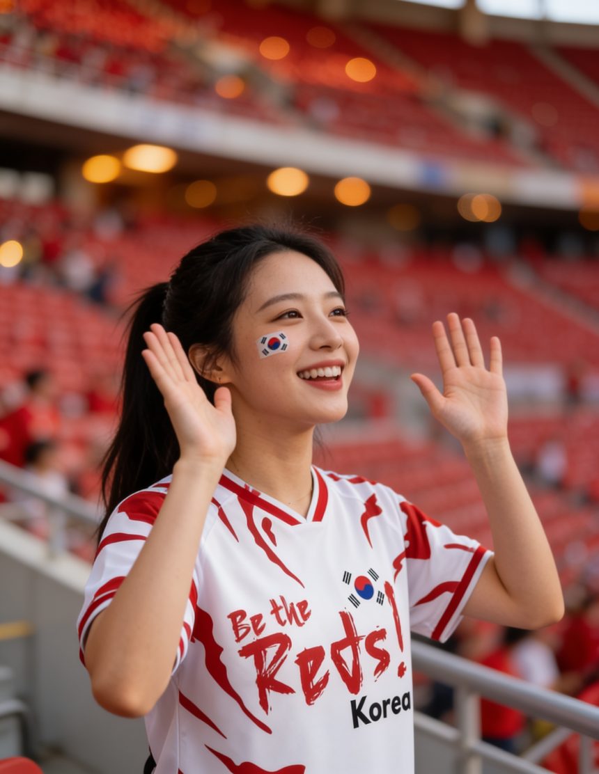 Korean woman wearing the Be the Reds Korea jersey, celebrating in the stands