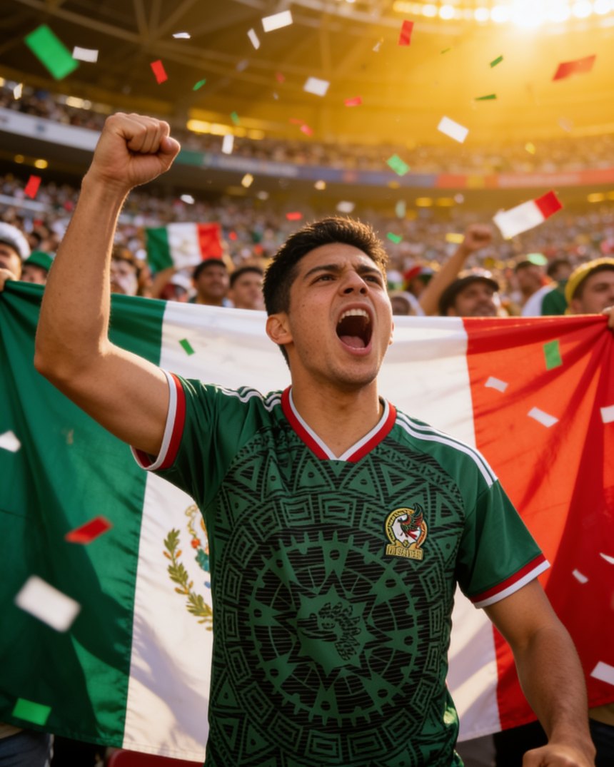Mexican man wearing the Sol Azteca Mexico jersey, cheering at the stadium