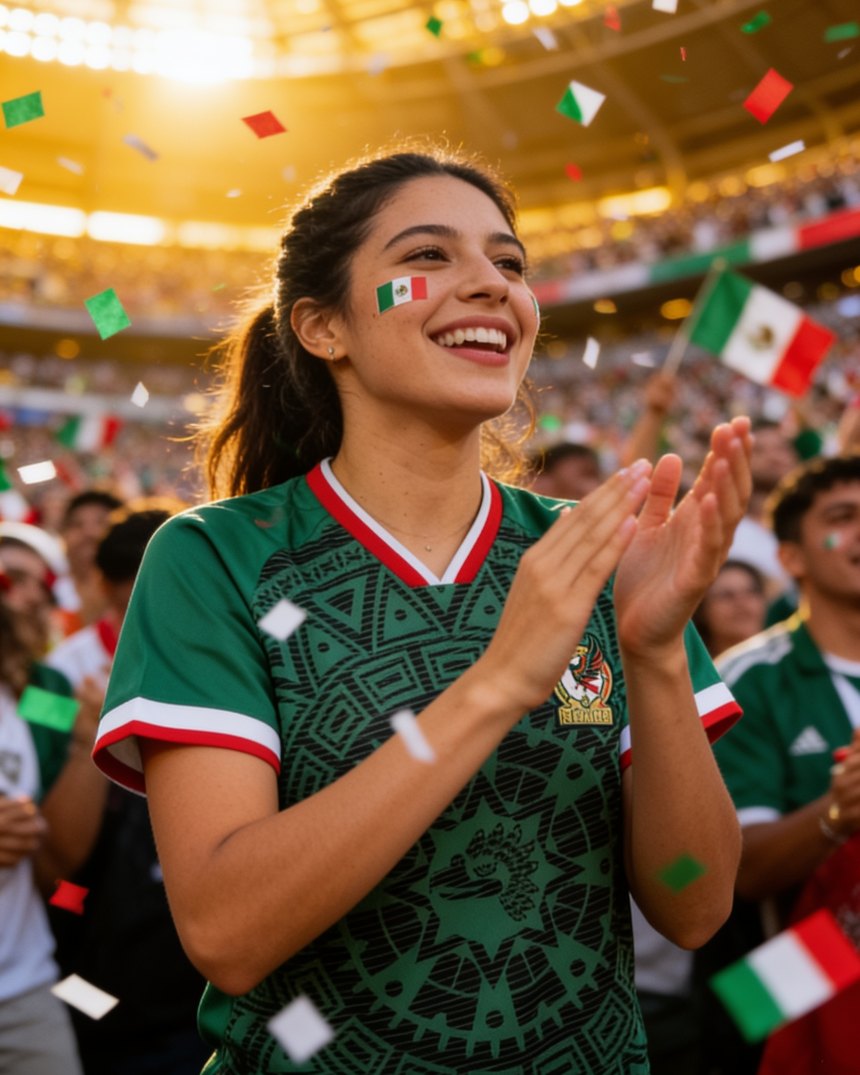 Mexican woman wearing the Sol Azteca Mexico jersey, celebrating in the stands