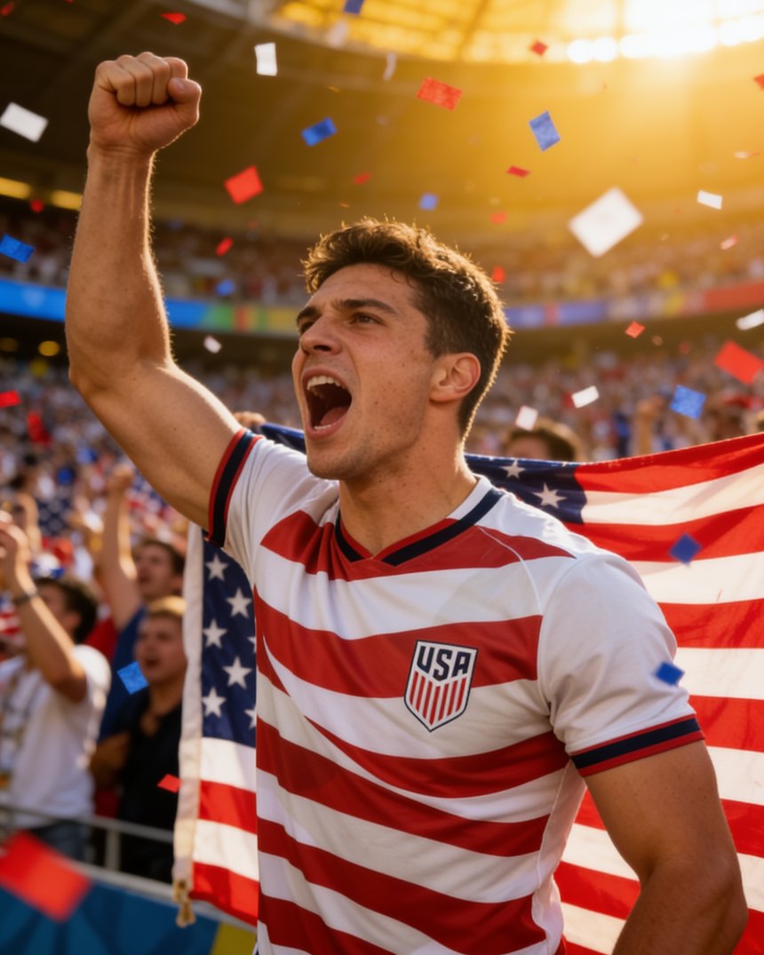 American man wearing the USA Stars and Stripes jersey, cheering at the stadium