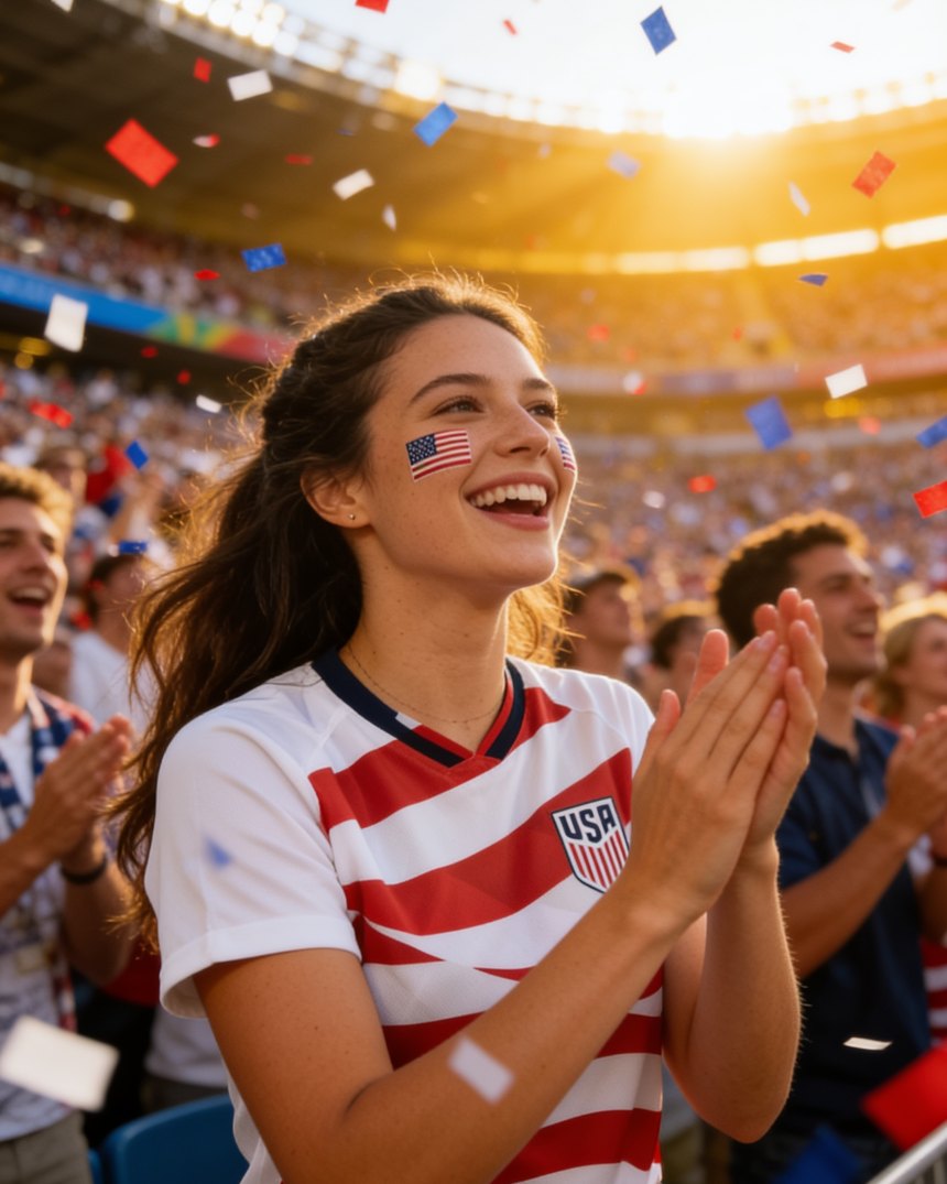 American woman wearing the USA Stars and Stripes jersey, celebrating in the stands